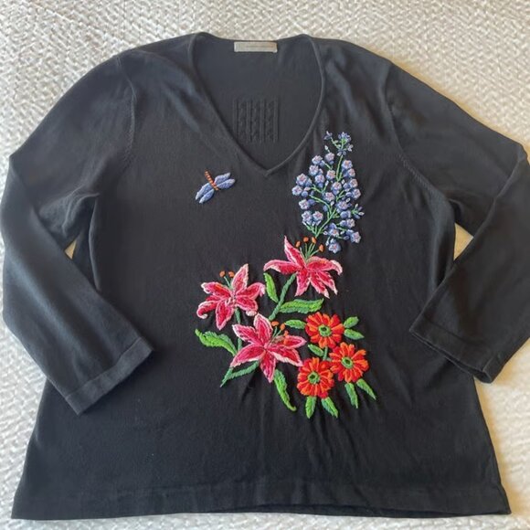 Marisa Christina Dragonfly Floral Embroidered V-Neck Long Sleeve Sweater Sz L - Picture 1 of 4